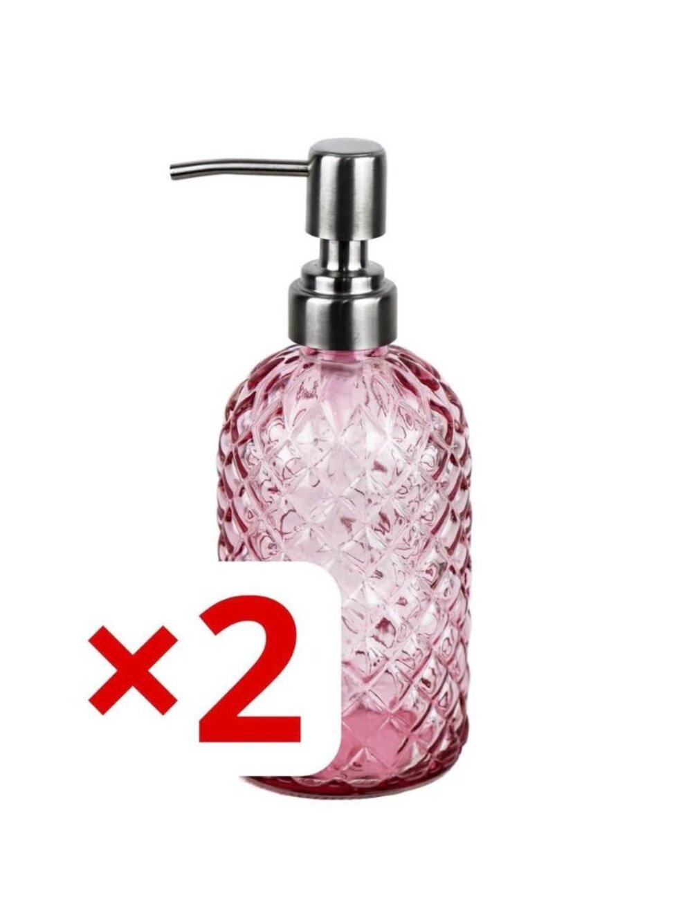 NEW Set of 2 Pink Glass Soap Dispensers with Stainless Steel Pump